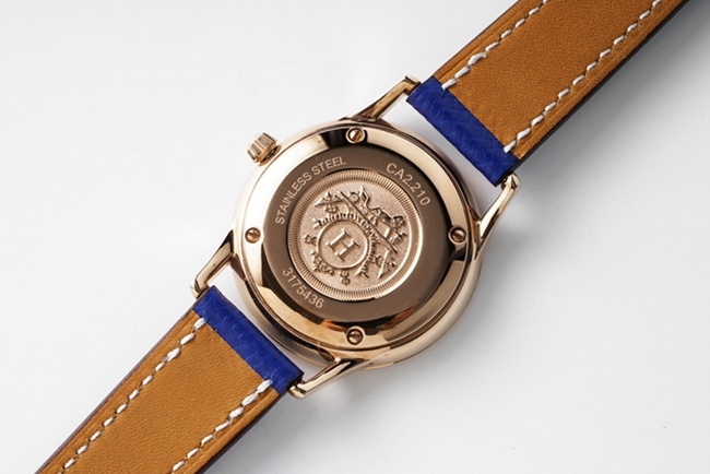 top-tier Hermès women's white dial blue band quartzleather strap watch back cover picture
