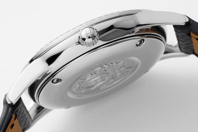 top-tier Hermès women's white dial black belt quartz watch side view