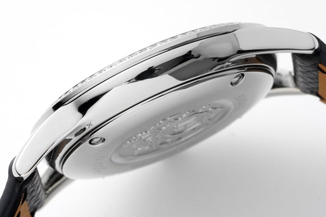 top-tier Hermès women's white dial black belt quartz watch side view
