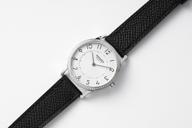 top-tier Hermès women's white dial black belt quartz watch front view