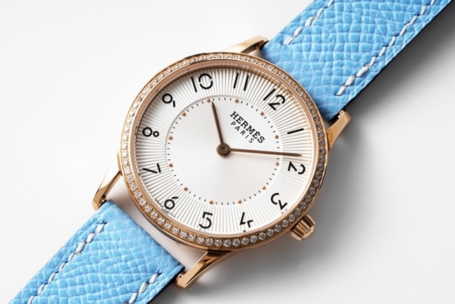 top-tier Hermes Slim d’Hermes women’s white dial blue band quartzleather strap watch front view