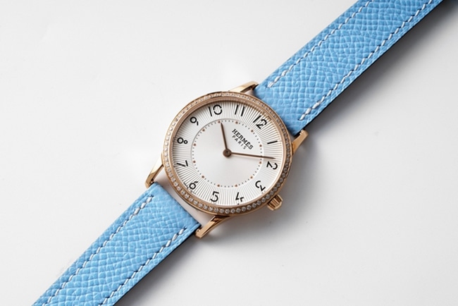 top-tier Hermes Slim d’Hermes women’s white dial blue band quartzleather strap watch front view