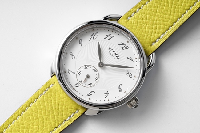 top-tier Hermès women's white dial yellow belt classic series quartzleather strap watch front view