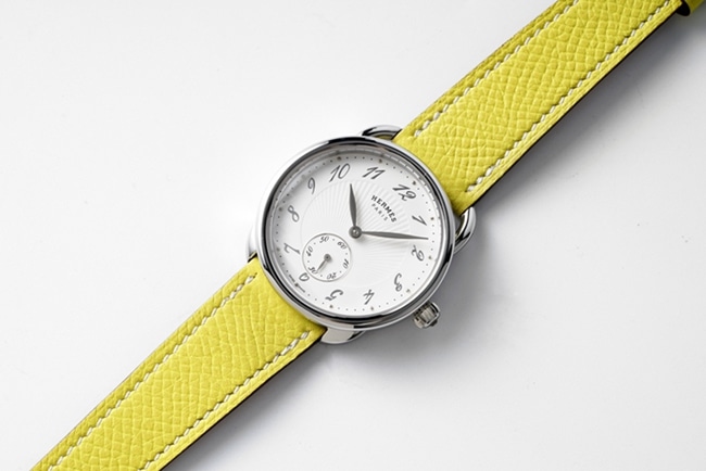 top-tier Hermès women's white dial yellow belt classic series quartzleather strap watch front view