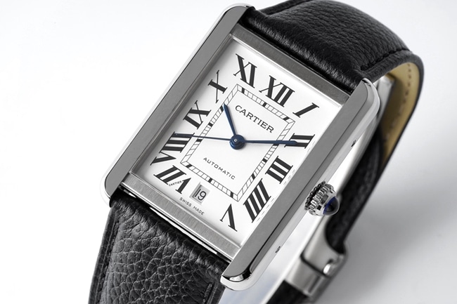 AF Factorytop-tier replicaCartier men's white dial black belt tank series fully automatic movementleather strap watch front view