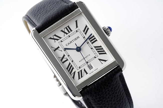 AF Factorytop-tier replicaCartier men's white dial black belt tank series fully automatic movementleather strap watch front view