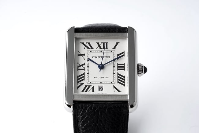 AF Factorytop-tier replicaCartier men's white dial black belt tank series fully automatic movementleather strap watch front view