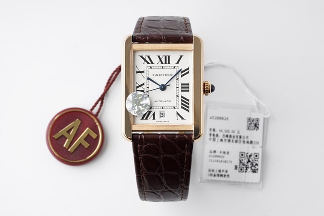 AF Factorytop-tier replicaCartier men's white dial brown belt tank series mechanical watch front view