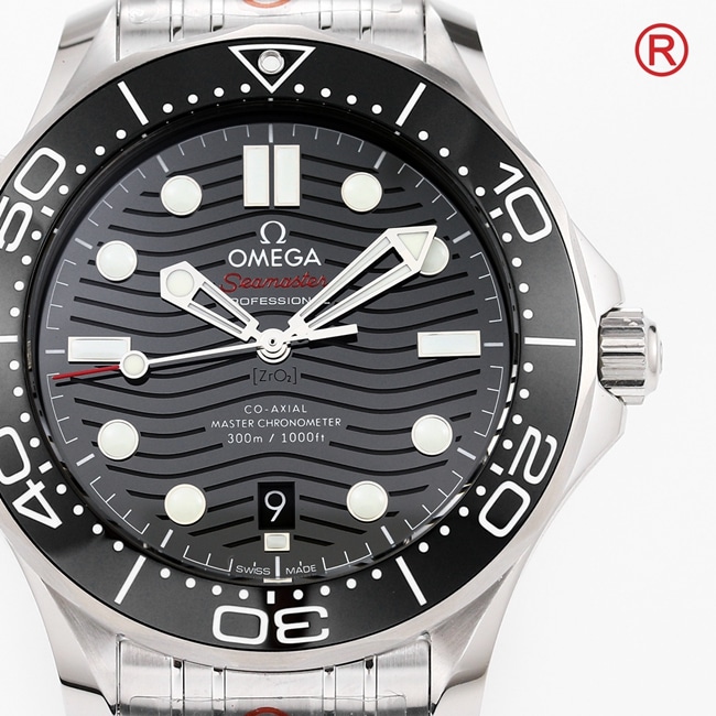 Top Omega Men's Black Plate Steel Strap Seamaster 300M Automatic Mechanical Watch Front View