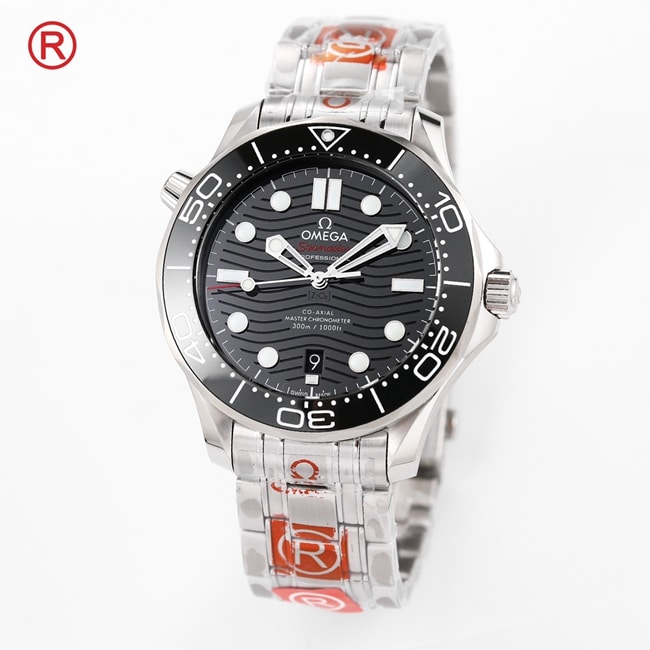 Top Omega Men's Black Plate Steel Strap Seamaster 300M Automatic Mechanical Watch Front View