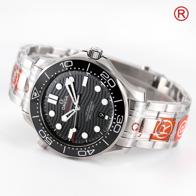 Top Omega Men's Black Plate Steel Strap Seamaster 300M Automatic Mechanical Watch Front View