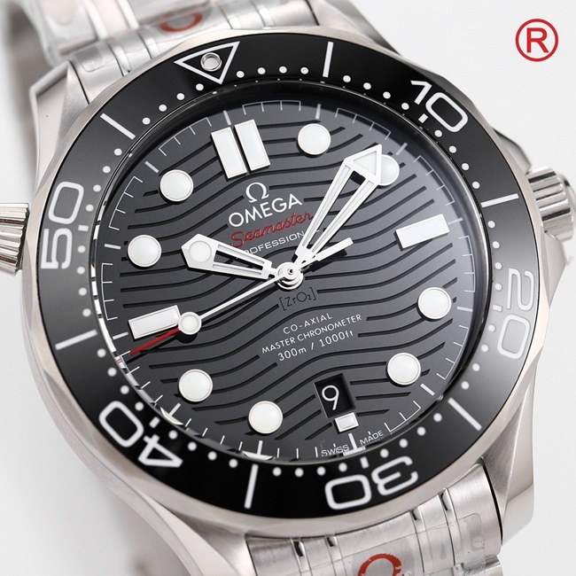 Top Omega Men's Black Plate Steel Strap Seamaster 300M Automatic Mechanical Watch Front View