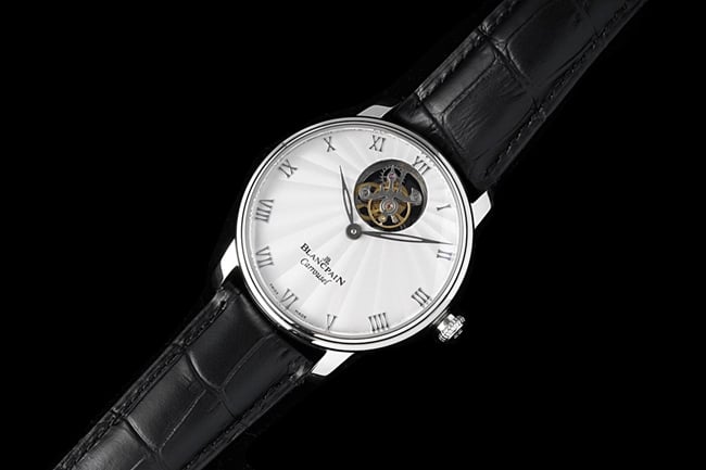 Blancpain top men's white plate black strap classic full series tourbillon mechanical belt watch front view
