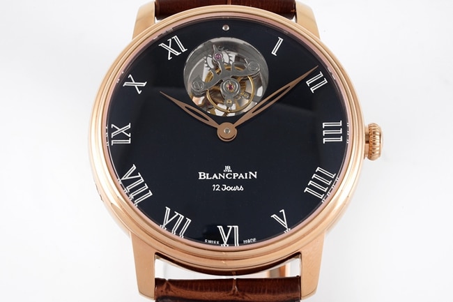 JBF FactoryBlancpaintop-tier watch men's black dial brown belt classic full series tourbillon mechanical watch V3 version domineering return front view