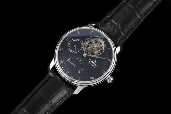 JBF FactoryBlancpaintop-tier watch men's blue dial black belt tourbillon mechanical leather strap classic full series watch front view