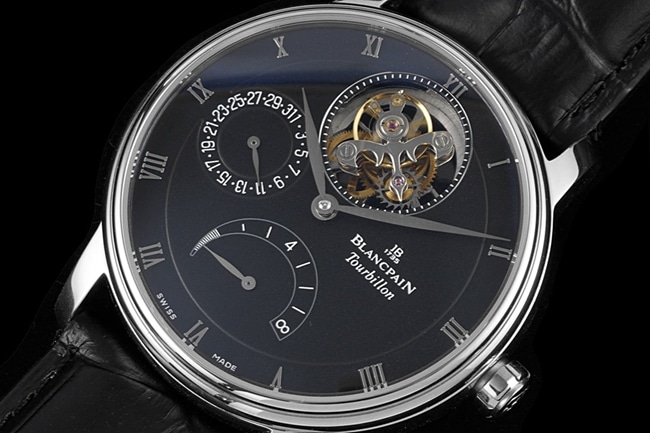 JBF FactoryBlancpaintop-tier watch men's blue dial black belt tourbillon mechanical leather strap classic full series watch front view