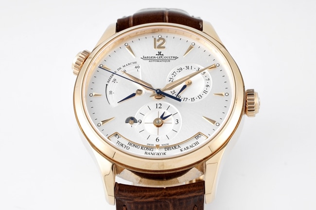 ZF Factorytop-tier replicaJaeger-LeCoultrehigh-quality watch men's white dial brown belt Geographer Q1428421 series mechanical leather strap watch detail shots