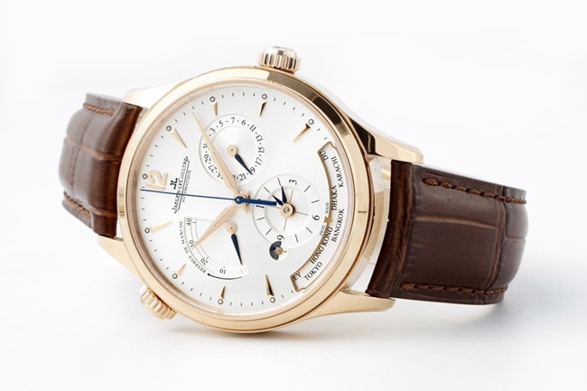 ZF Factorytop-tier replicaJaeger-LeCoultrehigh-quality watch men's white dial brown belt Geographer Q1428421 series mechanical leather strap watch front view