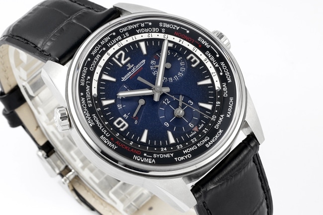 ZF FactoryJaeger-LeCoultretop-tier watch men's blue dial black belt Geographer Q1428421 series disc mechanical leather strap watch front view
