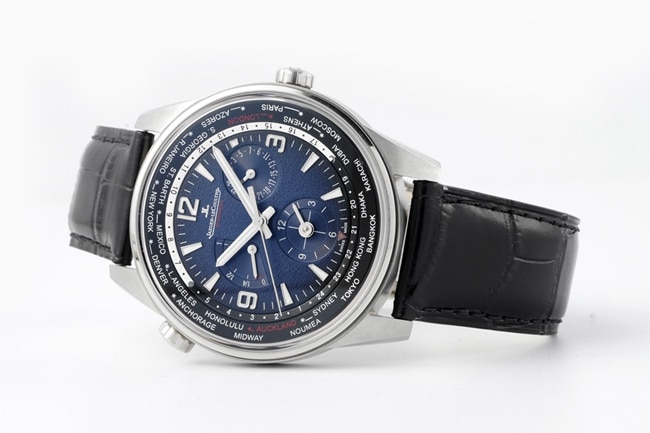 ZF FactoryJaeger-LeCoultretop-tier watch men's blue dial black belt Geographer Q1428421 series disc mechanical leather strap watch front view