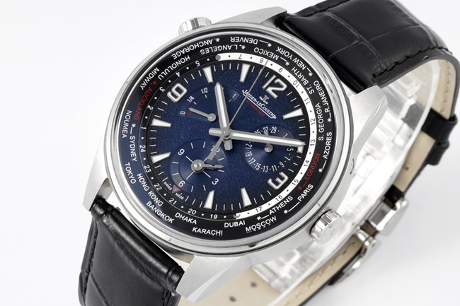 ZF FactoryJaeger-LeCoultretop-tier watch men's blue dial black belt Geographer Q1428421 series disc mechanical leather strap watch front view