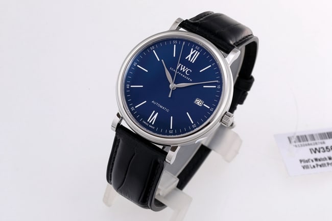 V7 factory top-tier replicaIWC high-quality watch men's blue dial black belt wave Fino series automatic movementleather strap watch front view