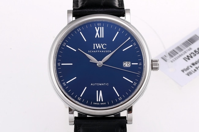 V7 factory top-tier replicaIWC high-quality watch men's blue dial black belt wave Fino series automatic movementleather strap watch front view