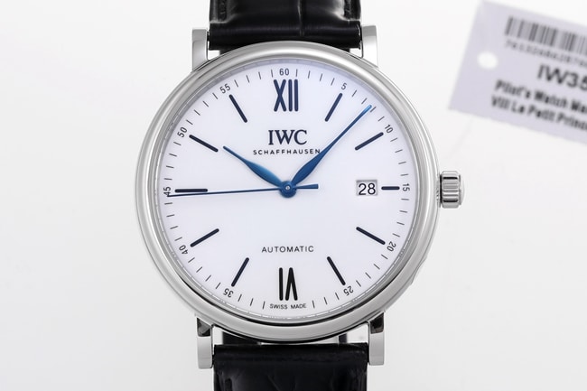 V7 factory top-tier replicaIWC watch men's white dial black belt automatic movement wave fino leather strap watch seven stars recommended front view