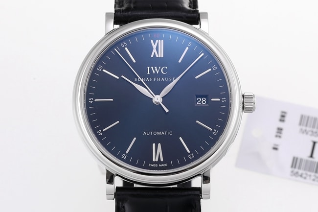 V7 factory IWC top-tier watch men's blue dial black belt disc mechanical wave fino series leather strap watch front view