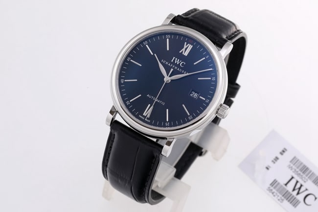 V7 factory IWC top-tier watch men's blue dial black belt disc mechanical wave fino series leather strap watch front view