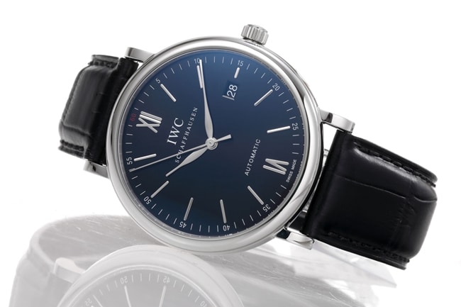 V7 factory IWC top-tier watch men's blue dial black belt disc mechanical wave fino series leather strap watch front view