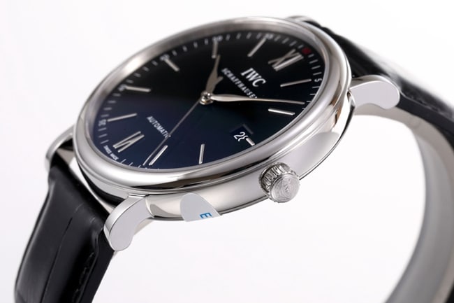 V7 factory IWC top-tier watch men's blue dial black belt disc mechanical wave fino series leather strap watch side view