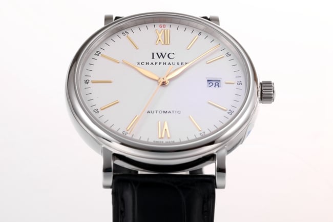 V7 factory IWC top-tier replicahigh-quality watch men's white dial black belt wave Fino series disc automatic movementleather strap watch detail shots