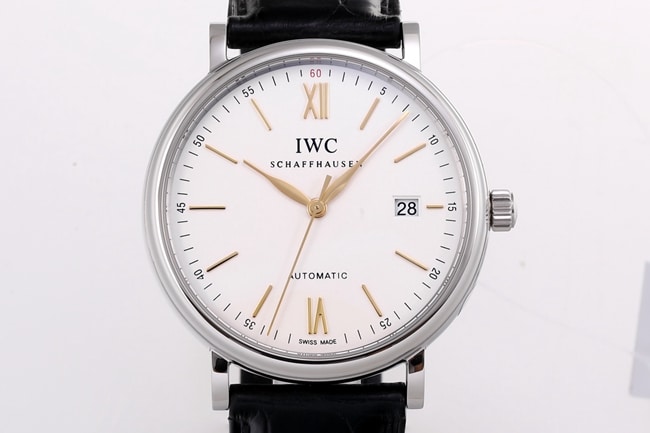 V7 factory IWC top-tier replicahigh-quality watch men's white dial black belt wave Fino series disc automatic movementleather strap watch front view