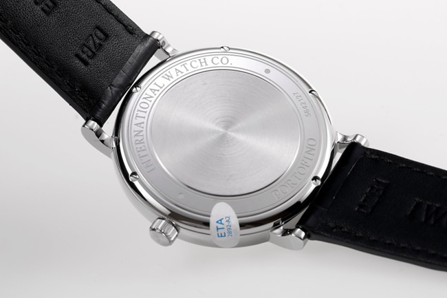 V7 factory IWC top-tier replicahigh-quality watch men's white dial black belt wave Fino series disc automatic movementleather strap watch back cover picture