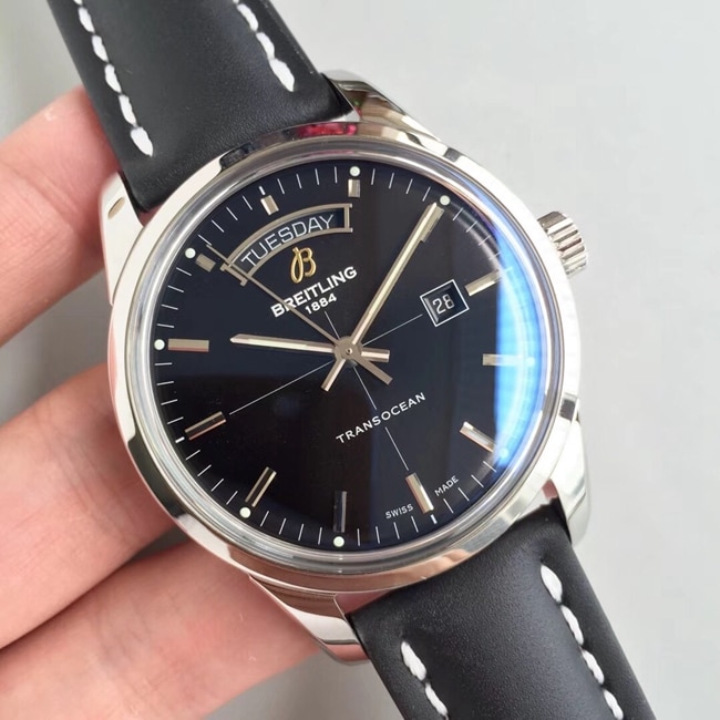 V7 factory top-tier replicaBreitling super A watch men's black dial black belt new overseas series Day-Date type mechanical leather strap watch front view