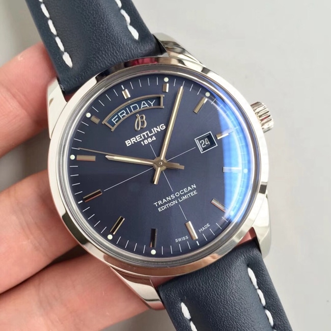 V7 factory top-tier Breitling watch men's blue dial blue belt mechanical transoceanic series Day-Date type leather strap watch front view