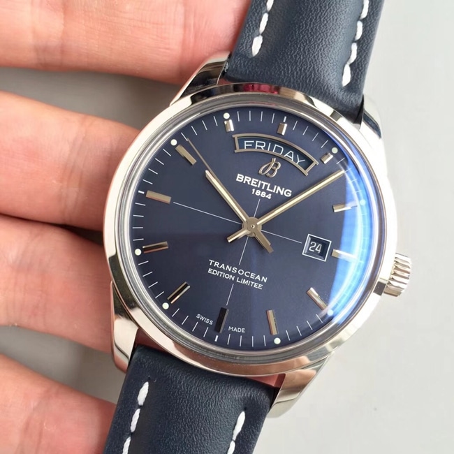 V7 factory top-tier Breitling watch men's blue dial blue belt mechanical transoceanic series Day-Date type leather strap watch front view