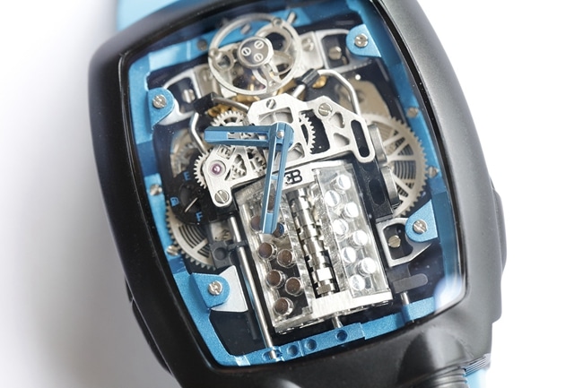 Top-tier Bugatti Veyron watch men's black dial blue rubber strap mechanical watch front view