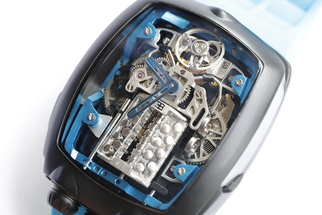 Top-tier Bugatti Veyron watch men's black dial blue rubber strap mechanical watch front view