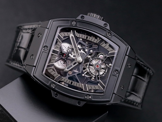 Hublot top-tier watch men's black dial black belt mechanical MASTERPIECE series genuine tourbillonleather strap watch front view