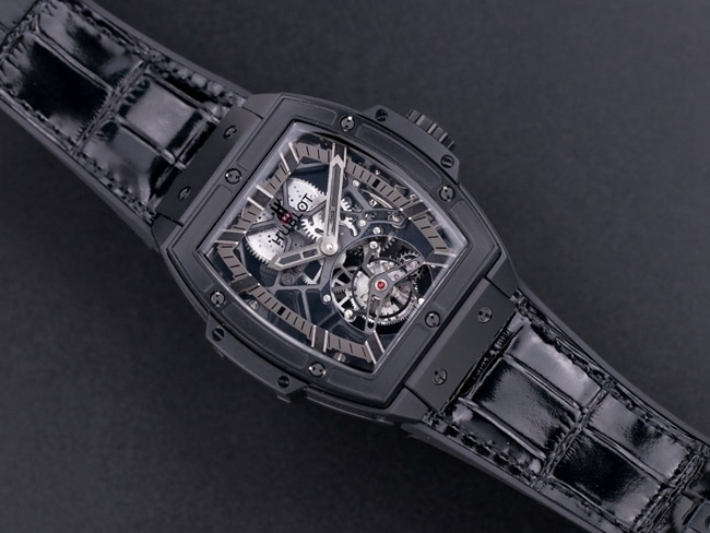 Hublot top-tier watch men's black dial black belt mechanical MASTERPIECE series genuine tourbillonleather strap watch front view