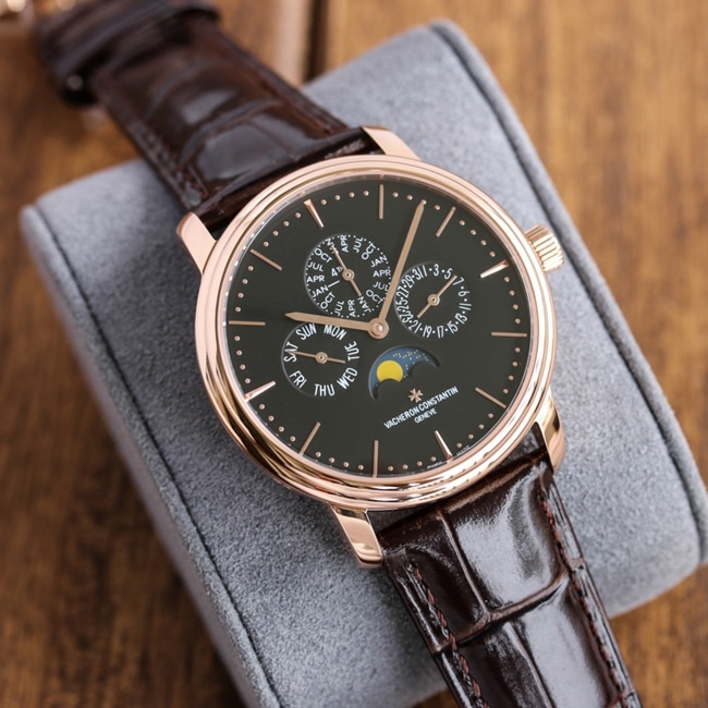 TW factory top-tier Vacheron Constantin super A watch men's black dial black belt heritage series perpetual calendar multi-function mechanical leather strap watch front view
