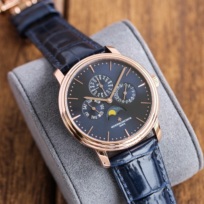 TW factory top-tier replicaVacheron Constantin1:1 watch men's blue dial blue belt perpetual calendar multifunctional heritage series mechanical leather strap watch front view