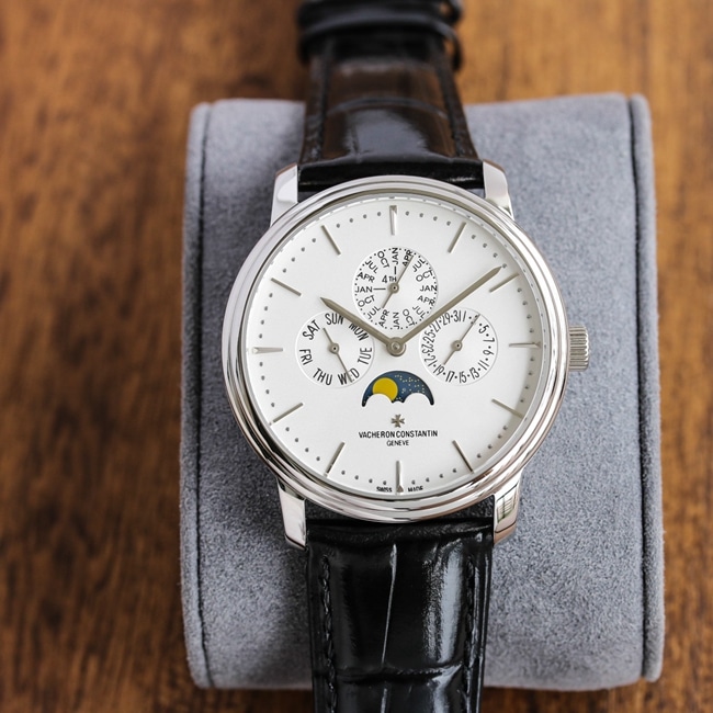 TW factory top-tier Vacheron Constantinreplica watch men's white dial black belt mechanical leather strap heritage series perpetual calendar multi-function watch front view