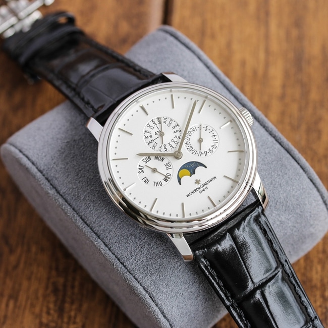 TW factory top-tier Vacheron Constantinreplica watch men's white dial black belt mechanical leather strap heritage series perpetual calendar multi-function watch front view