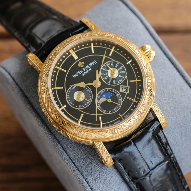 top-tier replicaPatek Philippehigh-quality watch men's black dial black belt pure hand-engraved 42mm mechanical leather strap watch front view