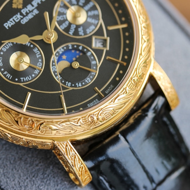 top-tier replicaPatek Philippehigh-quality watch men's black dial black belt pure hand-engraved 42mm mechanical leather strap watch detail shots