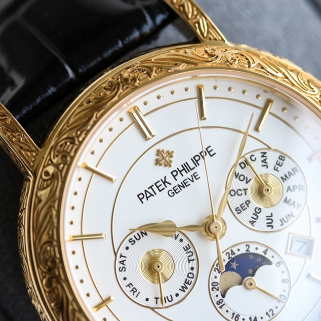 top-tier replicaPatek Philippehigh-quality watch men's black dial black belt pure hand-engraved 42mm mechanical leather strap watch detail shots