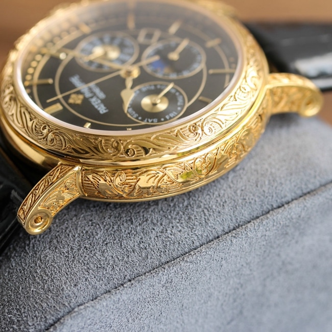 top-tier replicaPatek Philippehigh-quality watch men's black dial black belt pure hand-engraved 42mm mechanical leather strap watch detail shots